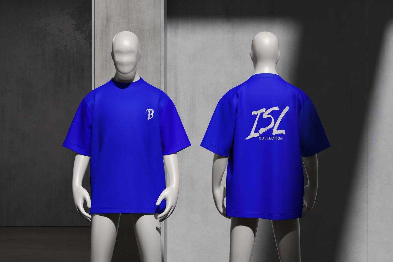 Royal blue oversized tee, white B monogram at the left chest and ISL COLLECTION brush script across the back