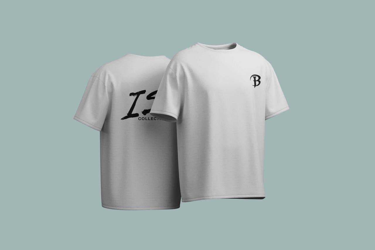 White oversized tee with a black B monogram at the chest and ISL COLLECTION printed across the back